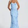 Vestido de noche con adornos florales para mujer, ropa de fiesta de alta gama, elegante vestido sin tirantes, corte ajustado estilo francés, vestido largo liso sin espalda