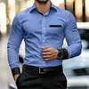 Camisa de Manga Larga para Hombre con Estampado 3D de Color Contrastante, Corte Entallado, No Planchar, Estilo Business Casual Europeo Transfronterizo