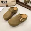 Couro Genuíno Solado Grosso Aumento de Altura Birkenstock Sapatos Femininos Outono 2026 Novo Estilo Confortável Versátil Outdoor Bico Fechado Meio Chinelo Slip-On