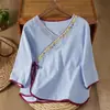 Camisa de Algodão e Linho para Mulheres, Novo Estilo Verão 2025, Blusa Artística Estilo Chinês, Camisa Bordada de Meia-Manga com Decote V