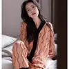 Pijama para Mujer Primavera y Otoño Imitación Algodón Manga Larga Traje Estilo Coreano Holgado Dulce Cuello en V Para Usar Por Fuera Kimono Ropa de Casa