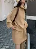 Conjunto Suéter Casual Versátil com Cordão Novo Outono/Inverno 2026, Conjunto de Duas Peças com Blusa de Tricô Meio Zíper e Saia para Mulheres