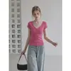 Camiseta rosa ummoi de cuello en V de manga corta, estilo verano, entallada a la cintura, corte ajustado, top corto para mujer