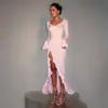 Vestido Novo Transfronteiriço Slim Sexy Decote V Profundo Fenda Alta Moda Feminina Transfronteiriça Europeia e Americana Sexy Manga Longa 2025