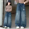 Nueva colección de otoño: Pantalones vaqueros de pierna ancha estilo coreano con bordado de perrito, corte holgado y favorecedor, diseño de pierna recta, adecuados para estudiantes