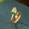 Aretes Colgantes Anillo de Tulipán Esmalte cloisonné Jade Hetian Chapado en Oro Juego de Tres Piezas Estilo Palacio para Novia