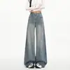 Calça Jeans Wide Leg com Strass Céu Estrelado para Mulheres Cintura Alta Modelagem Solta Vintage Azul Cropped