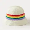 Chapéu de Lã Crochê Feito à Mão com Contraste de Cores Arco-Íris Transfronteiriço para Mulheres Novo Estilo Coreano Pequeno Chapéu de Pescador Chapéu Balde