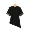 Camiseta de encaje asimétrica de manga corta con cuello redondo de verano para mujer estilo europeo y americano 7057