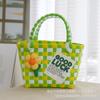Bolsa de Plástico Tejida a Cuadros de Contraste Dopamina Colorida Accesorios de Flores Bolsa Cesta de Verduras Bolso Grande Tejido a Mano