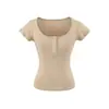 Atacado de Roupas Femininas Transfronteiriças Verão Novo Slim Fit Gola U Grande Manga Flare Bainha Abertura Frontal Manga Curta Pulôver Camiseta