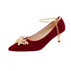 Novos Sapatos de Noiva Primavera e Outono 2024 Salto Alto Bico Fino Salto Bloco Boca Rasa Tira Única Sapatos de Casamento para Mulheres