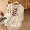277 # Camisa de algodón y lino con bordado pesado de manga tres cuartos para mujer, verano, corte holgado, adelgazante, jersey de cuello redondo, top de lino elegante