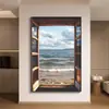 Pintura Decorativa Moderna Minimalista de Ventana Falsa con Vista al Mar para Sala de Estar, Pared de Fondo de Sofá, Pintura Colgante de Extensión de Espacio