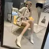 Novas botas de tornozelo da moda outono/inverno 2024, botas únicas de salto alto robusto, botas Martin pretas elásticas de bico fino, botas de meia de perna justa para mulheres