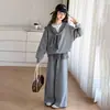 Conjunto de Xale Esportivo Casual Estilo Coreano para Mulheres 2026 Nova Coleção Primavera/Outono Sinta-se Cinza Moletom Calça Wide-Leg Conjunto de Duas Peças