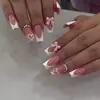 Unhas Postiças Rosa de Comprimento Médio com Laço Francês em V e Strass, Nail Art com Flores Secas Estilo Comércio Exterior