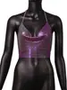 YYF Amazon novo top cropped metálico com lantejoulas estilo europeu e americano, top de amarrar no pescoço sexy, roupa de performance para garotas ousadas