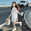Conjunto Casual de Verano para Niñas Elegante Camiseta Estampada de Manga Corta y Pantalones Cortos Deportivos Casuales Conjunto de Dos Piezas para Niños Mayores