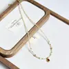 Collar de Perlas Naturales de Agua Dulce con Zirconitas Verdes Oliva para Mujer, Cadena para Clavícula de Lujo Ligero de Nicho, Cadena de Cuello Completa de Acero de Titanio para Mujer