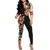 Roupa Feminina Transfronteiriça Europeia e Americana Atacado Novo Terno Casual Combinação de Cores Estampado Camisa de Lapela de Manga Comprida Calças Casuais Conjunto de Duas Peças