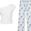 Pijama de Dos Piezas para Mujer Miss Bunny Estilo Deseo Puro, Hombros Descubiertos, Manga Corta, Estampado de Dibujos Animados de Verano, Pantalón Largo, Conjunto para Casa, Se Puede Usar Afuera