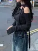 Top de Punto Fino Asimétrico con Cordón Estilo Bufanda para Desatar Hombro Descubierto para Mujer Primavera/Otoño 2026 Camiseta de Manga Larga Ajustada