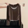 Atacado Transfronteiriço Outono e Inverno Foto Real Viscose 260g Elegante Slim Fit Contraste Falso Duas Peças Slim Manga Longa Camiseta Tops Femininos