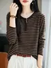 Suéter feminino de lã fina, design simples color-block, listras clássicas, efeito emagrecedor, elegante, adequado para o trabalho, top de tricô de manga longa