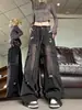 Pantalones de trabajo de mezclilla deshilachados para mujer, nuevo estilo primavera/otoño, retro de alta calle americana, cintura alta, pierna recta, casual, pierna ancha, hasta el suelo