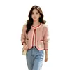 Nuevo cárdigan de punto corto casual de estilo coreano para otoño, cálido, elegante, con bloques de color y rayas, inspirado en Chanel, para mujer