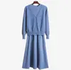 Vestido Suéter de Manga Longa Duas Peças Conjunto Primavera e Outono 2026 Saia de Lã Cardigan de Tricô Solto Vestido Feminino