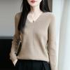 25 Años Principios de Otoño Nuevo Andy Terciopelo Cuello en V Tejido de Punto Manga Larga Mujer Color Puro Raya de Canalé Holgado Suéter Camiseta de Base Top