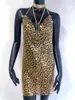 Moda Transfronteiriça Europeia e Americana Spice Girls Sexy Estampa de Leopardo Lantejoulas Metalizado Vestido Boate Festa Sem Costas Cintura Baixa Vestido com Gola