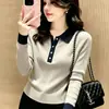 Top de punto casual para mujer de talla grande para principios de otoño con cuello tipo polo, estilo nuevo, versátil, disimula imperfecciones, adelgazante, juvenil, de manga larga, camiseta