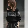 Suéter Negro Off-Shoulder de Punto Asimétrico Estilo Perezoso de Otoño, Lujo Ligero de Alta Gama Fair Isle para Mujer