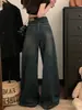 Calça Jeans Wide Leg Cinza Cimento para Mulheres, Primavera/Verão 2026, Cintura Alta de Botão Duplo, Corte Reto Solto, Modelagem que Emagrece, Tamanho Plus Size, Comprimento até o Chão