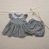 Conjunto de Camisa e Roupa Xadrez para Bebê Outono 2026 Estilo Outono Bebê Menina Saia Xadrez Calça Pão Conjunto de Três Peças