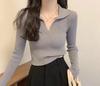 Cuello Polo Estilo Coreano Versátil Camiseta de Fondo de Punto 2024 Otoño Nuevo Suéter Top de Manga Corta Larga Ropa de Otoño para Mujer