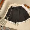 Calças casuais de renda cinza com renda, calças femininas de verão, calças largas e justas, com cintura solta para roupas de nicho, shorts