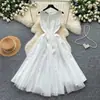Vestido sin mangas de línea A con cuello redondo estilo francés para mujer, vestido rosa de verano estilo francés de cintura alta, entallado, con vuelo y aspecto elegante