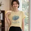 2026 Verão Novo Tricô Fino Gola Redonda Manga Curta Feminino Estampa Floral Caimento Solto Camiseta Top