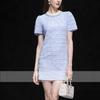 Verão Novo Feminino Elegante Azul Manga Curta Slim Fit Cintura Apertada Slim Saia Evasê Vestido Saia