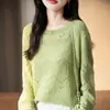 Coleção Nova Primavera 2026: Blusa de Tricô 100% Algodão Feminina, Manga Longa, Cor Sólida, Design Vazado, Caimento Solto, Peça Básica para Camadas
