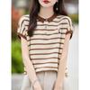 2026 Verão Novo Tricô Fino Manga Curta Feminino Color Block Listrado Gola Polo Bordado Jovem Camiseta Top Fino