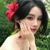 Nuevo Estilo Chino Flor de Peonía Roja Borla de Perla Pasador de Pelo Retro de Gama Alta Elegante Pasador Lateral Adorno para el Cabello de Estilo Antiguo