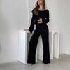Pijamas sencillos y holgados de dos piezas para el hogar, de color liso, para otoño e invierno, europeos y americanos, de manga larga y color sólido, para mujer