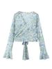 Top Runqi Plus Size com Tiras Cruzadas Estilo Francês Gradiente em Renda 8966 Sexy com Mangas Longas Flare em Renda