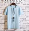 Camiseta de manga corta de color liso para hombre, nueva de verano, estilo japonés, fina, cuello en V, mezcla de algodón y lino, moda juvenil, camiseta de manga corta