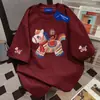 Camiseta de Manga Corta Retro Zodiaco 2026 para Mujer, Algodón Puro Estilo Americano Estampado de Pony Año Nuevo Top Rojo Vino para Pareja